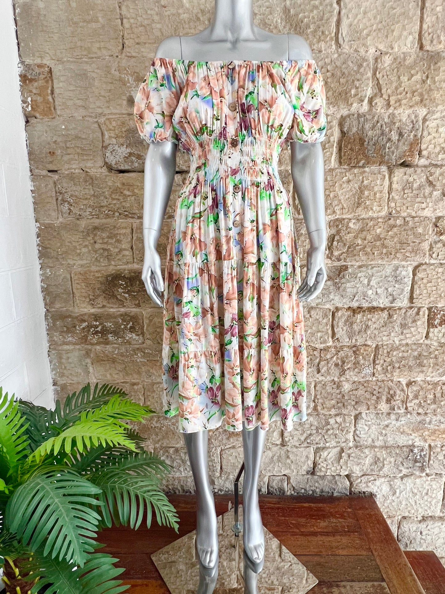 VERONA - Bardot Style Midi Dress - Various Prints - One Size Fits 8-20