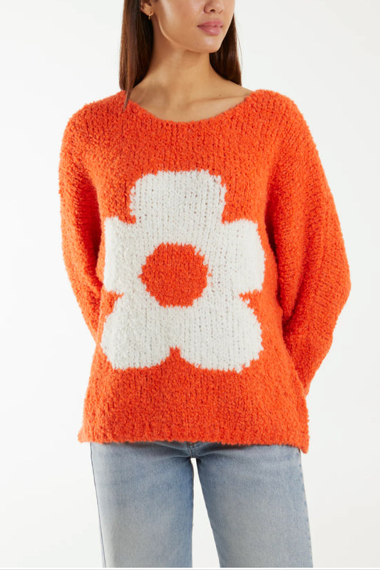 SALLY - Soft Alpaca & Wool Blend Boucle Sweater - Orange Daisy - One Size