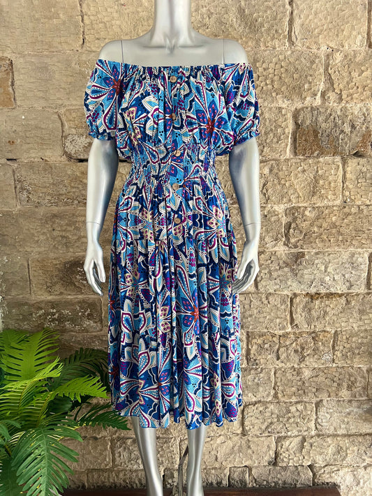 VERONA - Bardot Style Midi Dress - Blue Abstract Floral Dots Print - One Size Fits 8-20