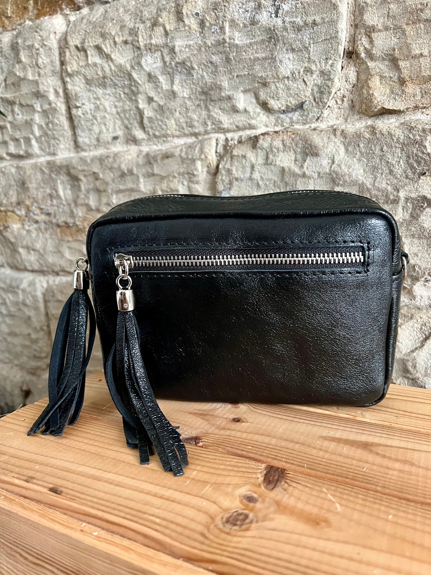 NIKKI - Metallic Leather Cross Body 'Camera' Bag with Tassels - Various Colours