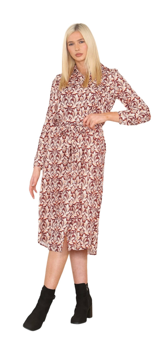 BOSTON - Orange & Chocolate Brown Multi Print Dress With Pockets - 4 Sizes