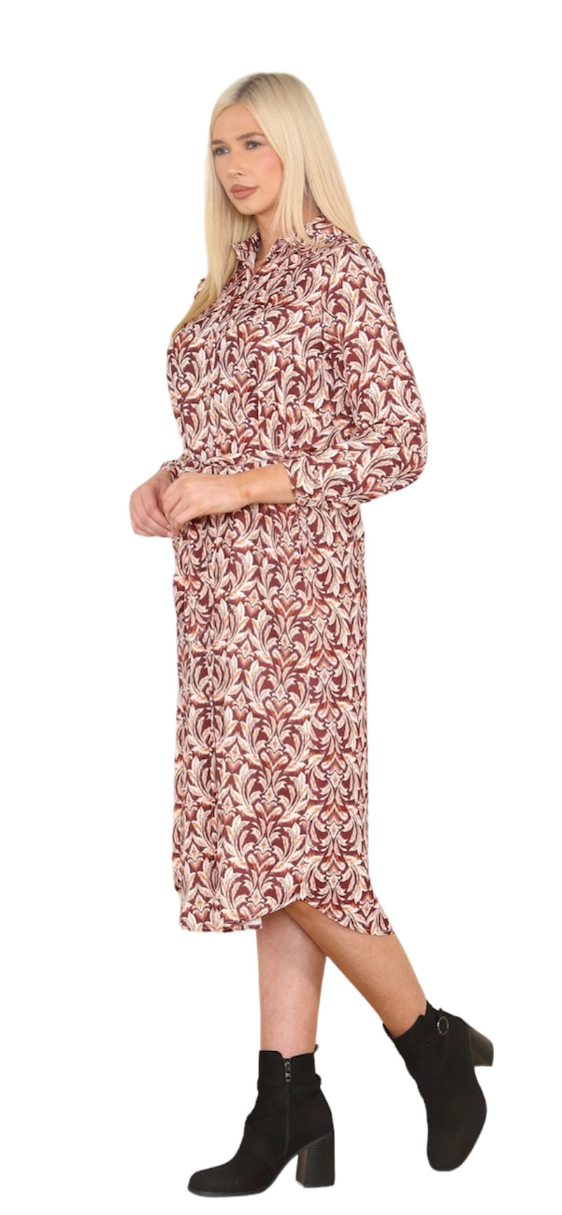 BOSTON - Orange & Chocolate Brown Multi Print Dress With Pockets - 4 Sizes