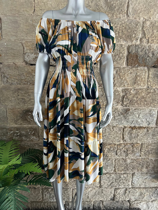 VERONA - Bardot Style Midi Dress - Blue & Green Brushstroke Print - One Size Fits 8-20