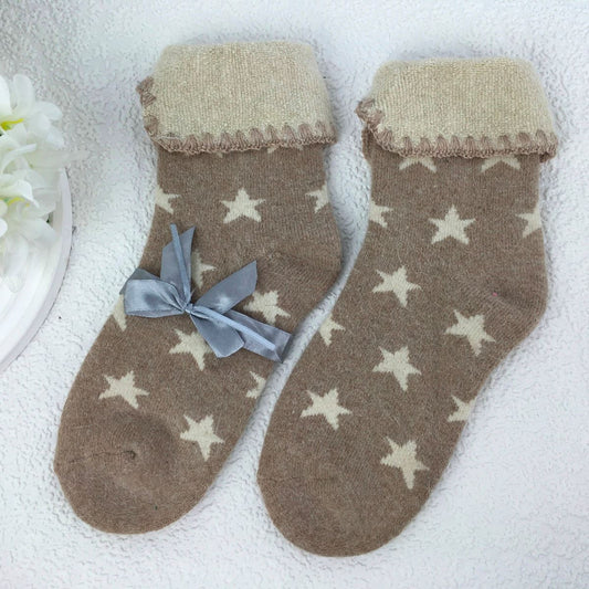 SOCKS - Wool Blend - Star Pattern - Cuff Trim - One Size - Various Colours