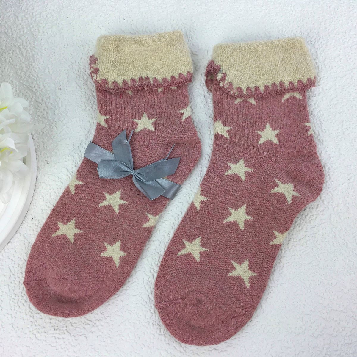 SOCKS - Wool Blend - Star Pattern - Cuff Trim - One Size - Various Colours