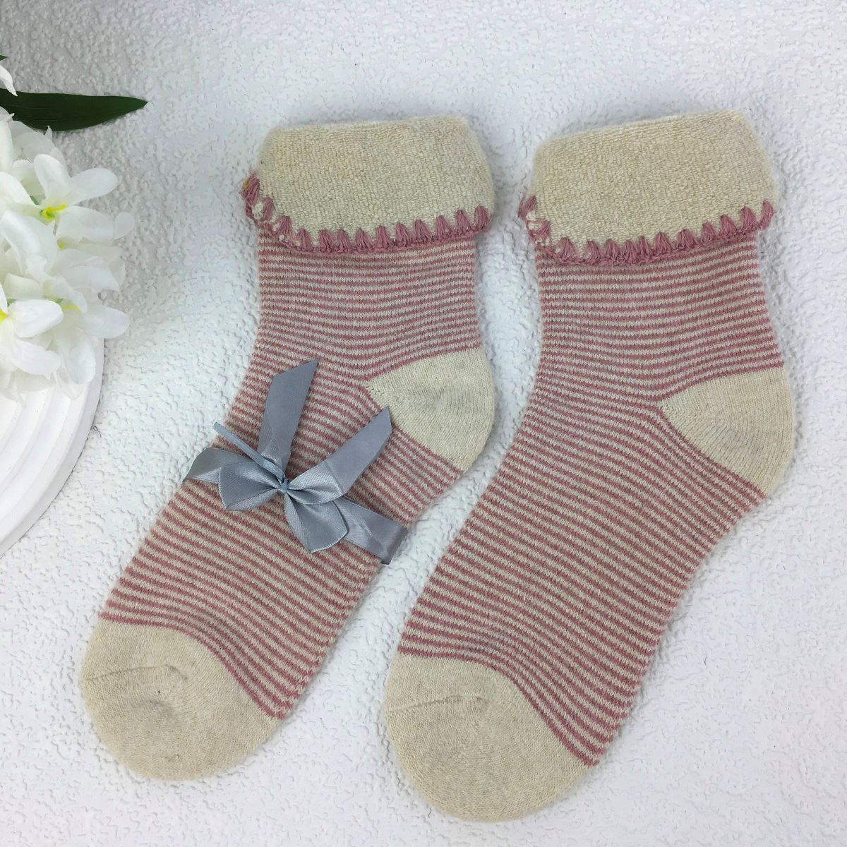 SOCKS - Wool Blend - Stripey - Cuff Trim - One Size - Various Colours
