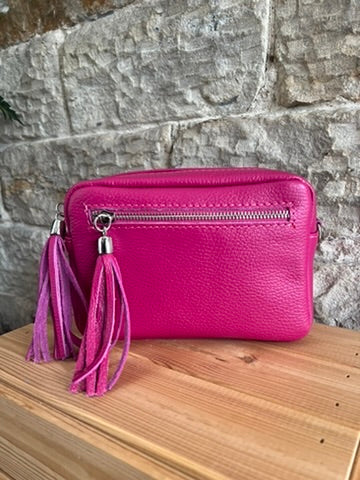 NIKKI - Leather Cross Body 'Camera' Bag with Tassels - Hot Pink