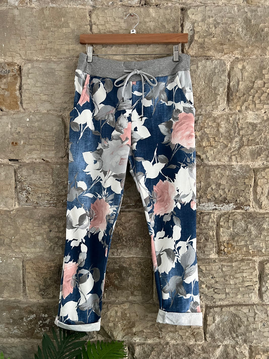 COTTON JOGGERS - 3/4 Length - 2 Sizes - Dark Denim with Pale Pink Roses