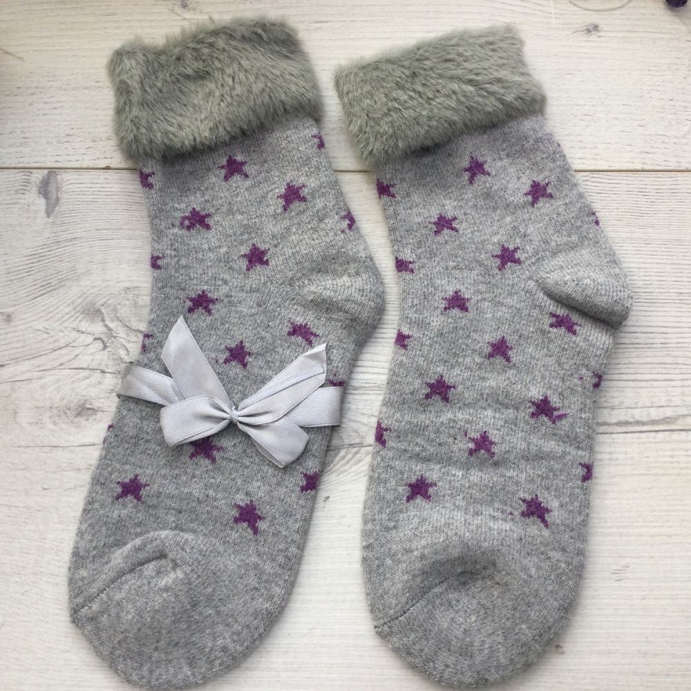 SOCKS - Wool Blend - Star Pattern - Faux Fur Trim - One Size - Various Colours