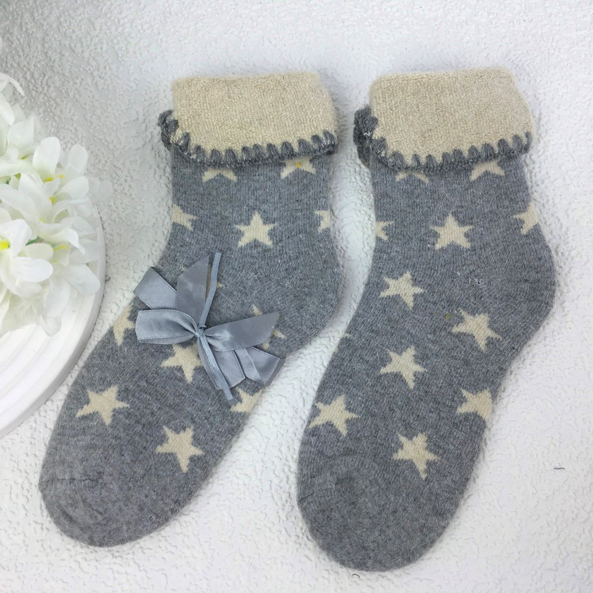 SOCKS - Wool Blend - Star Pattern - Cuff Trim - One Size - Various Colours