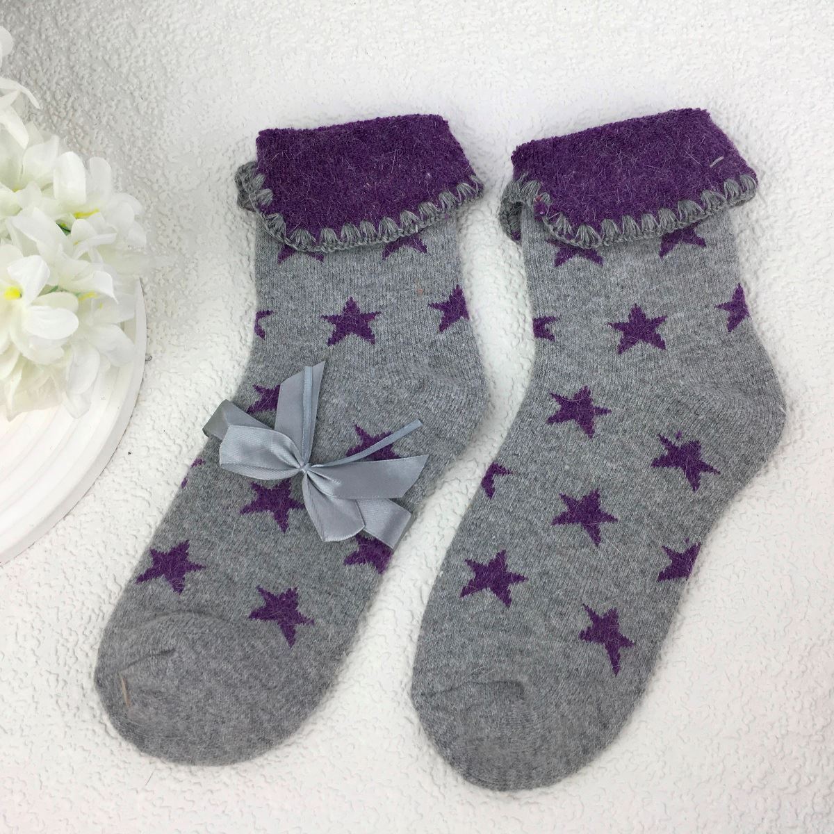 SOCKS - Wool Blend - Star Pattern - Cuff Trim - One Size - Various Colours