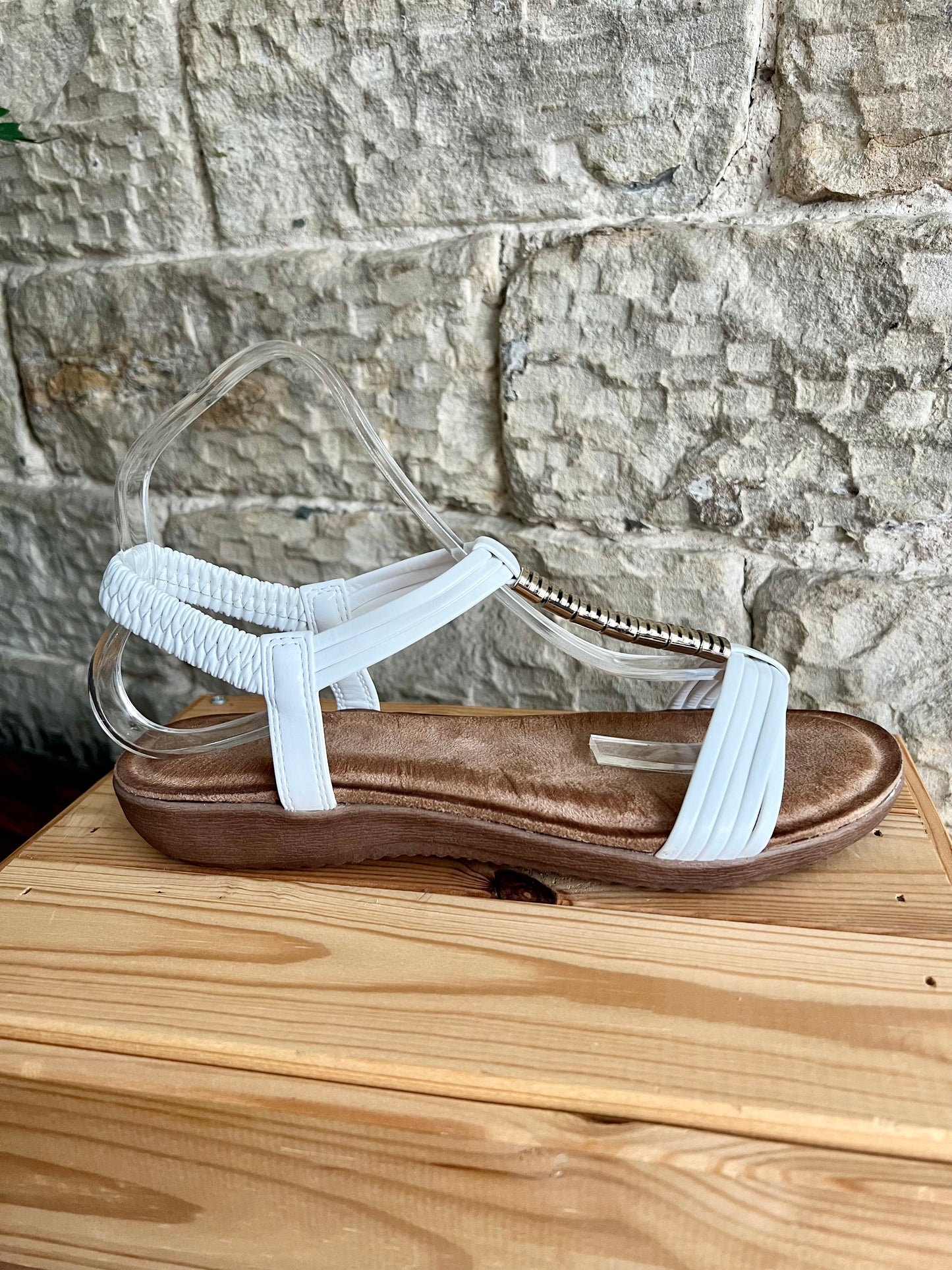 TIFFANY - White Strappy Elasticated Comfort Sandal - Silver Trim - Sizes 3-8