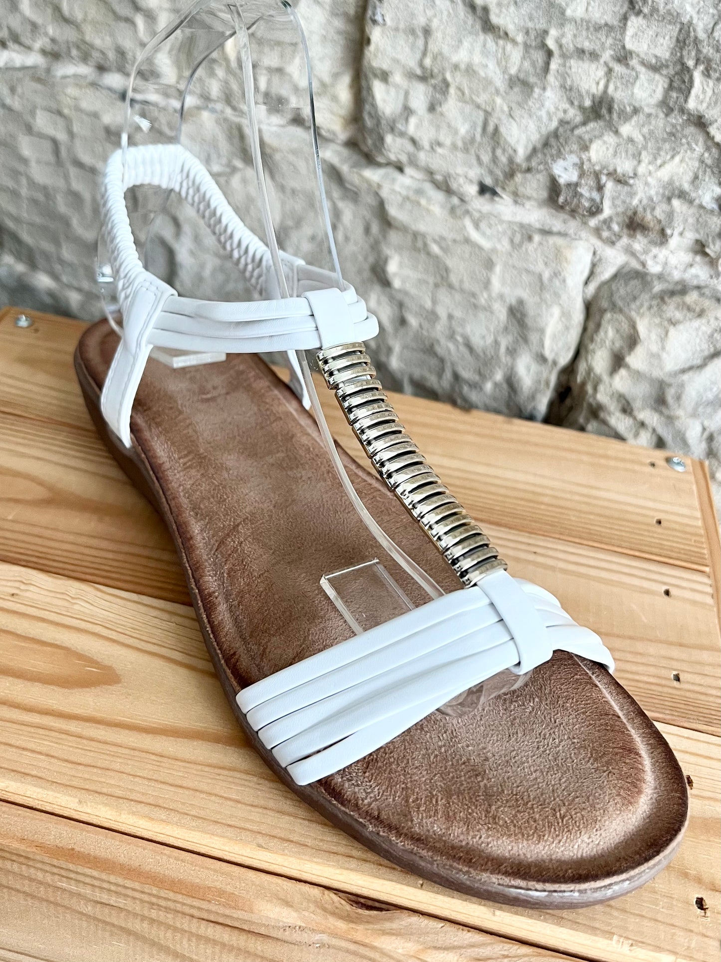 TIFFANY - White Strappy Elasticated Comfort Sandal - Silver Trim - Sizes 3-8