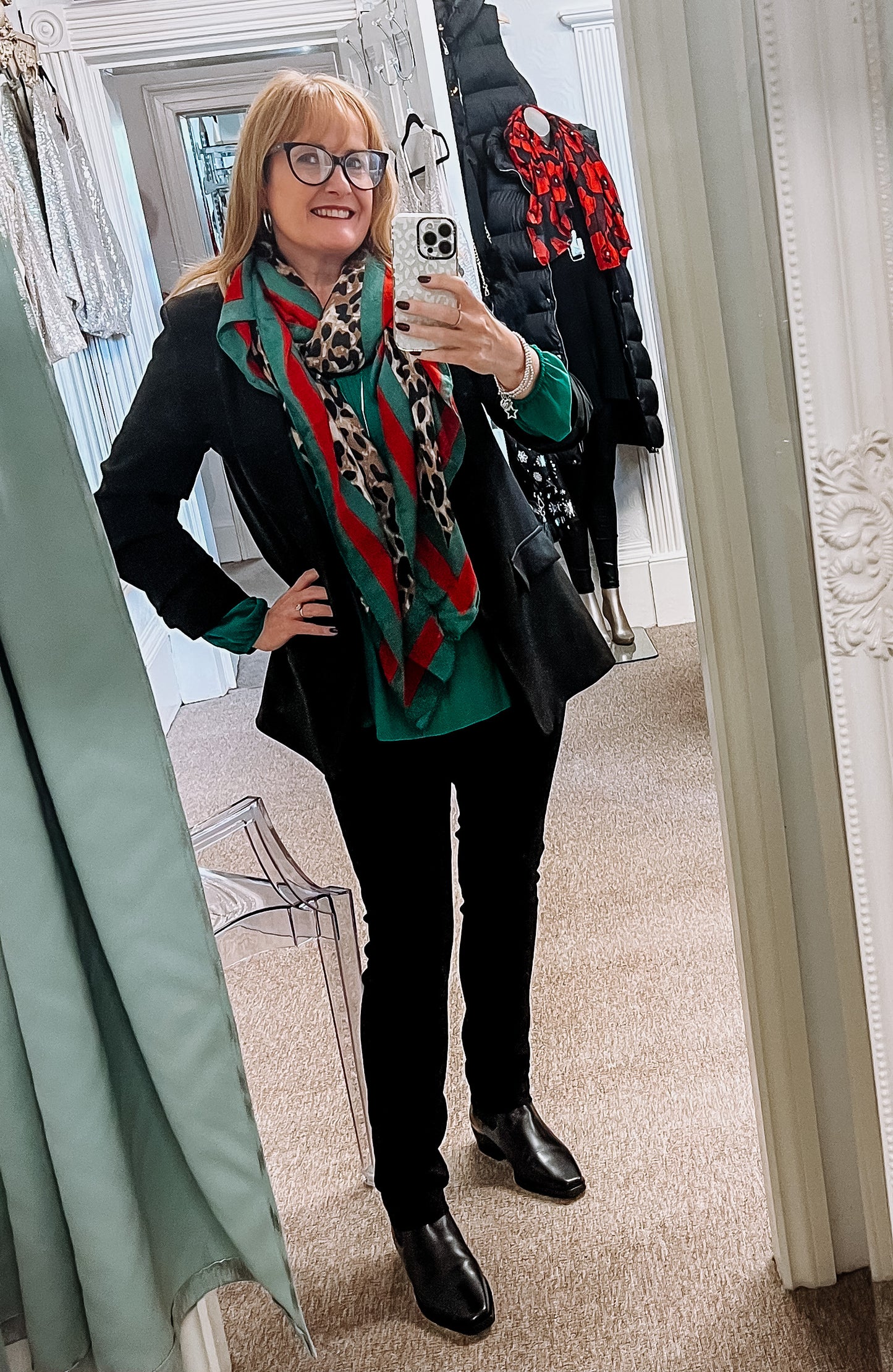 Leopard Scarf with Red & Green Stripe