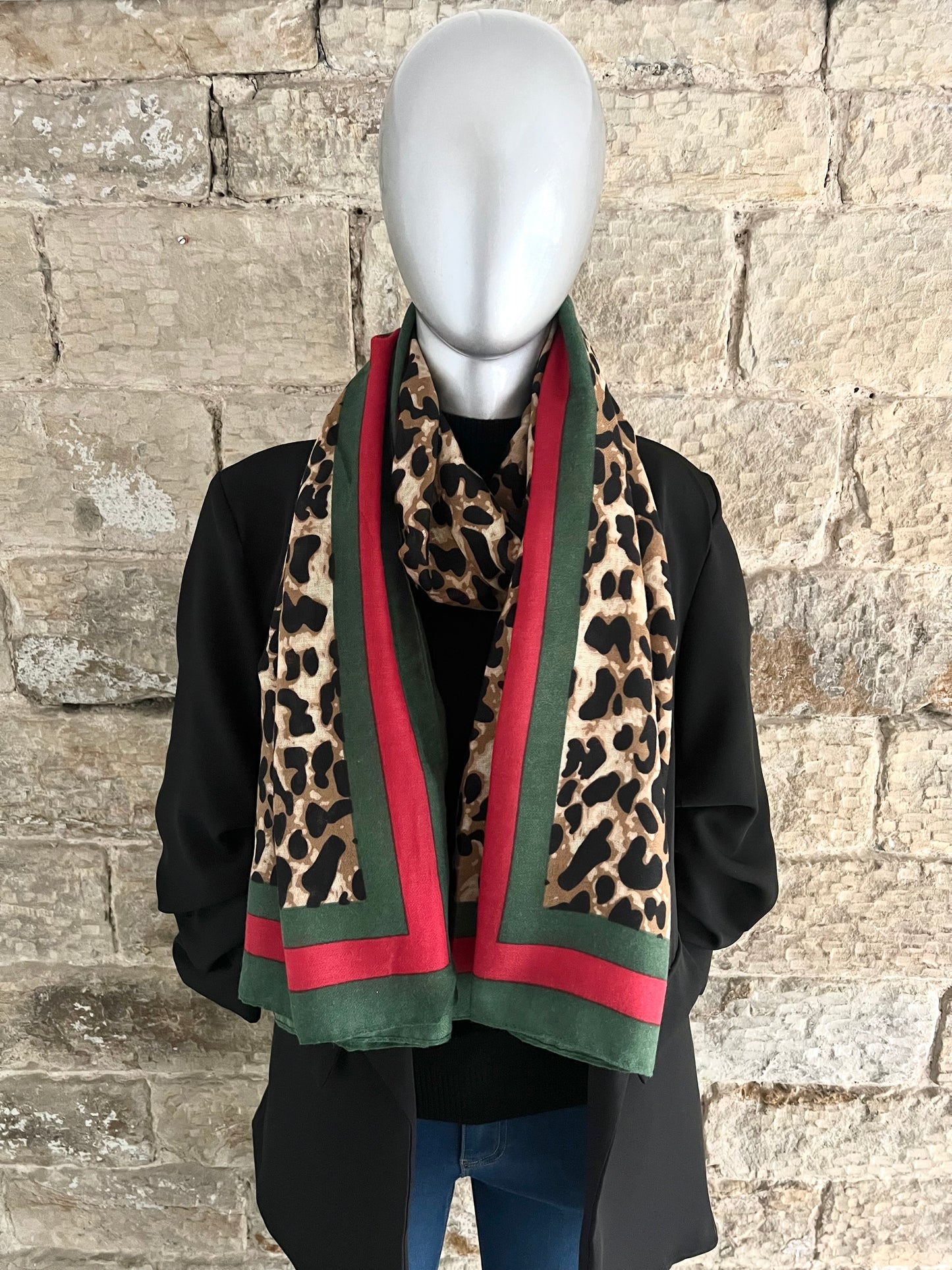 Leopard Scarf with Red & Green Stripe