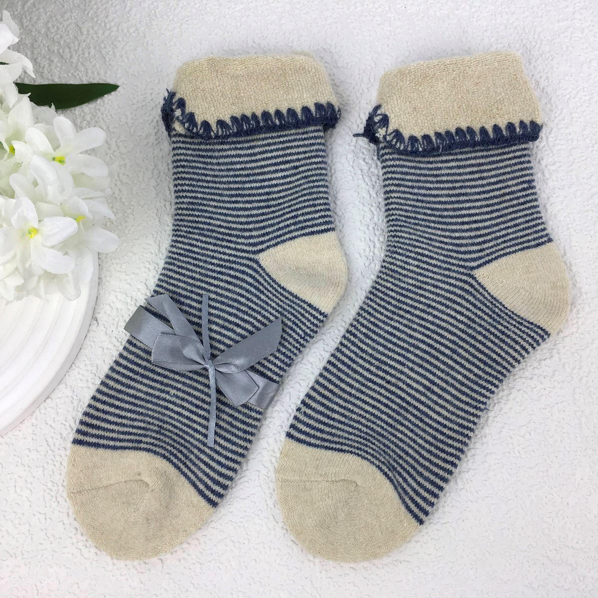 SOCKS - Wool Blend - Stripey - Cuff Trim - One Size - Various Colours