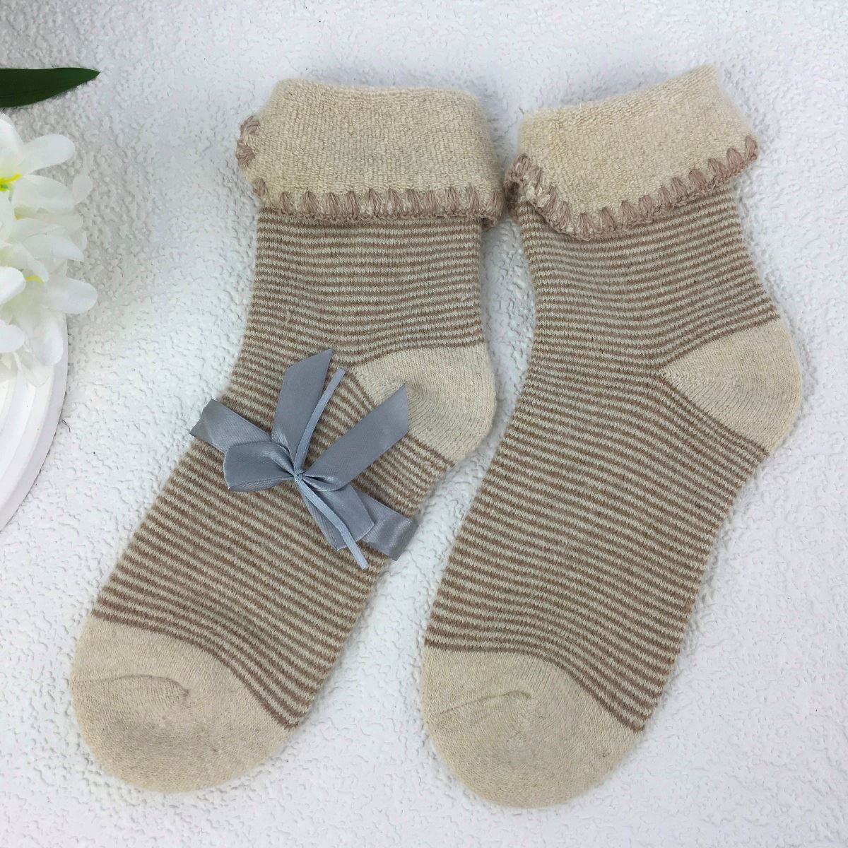 SOCKS - Wool Blend - Stripey - Cuff Trim - One Size - Various Colours