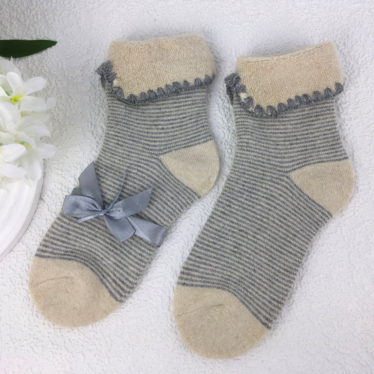 SOCKS - Wool Blend - Stripey - Cuff Trim - One Size - Various Colours