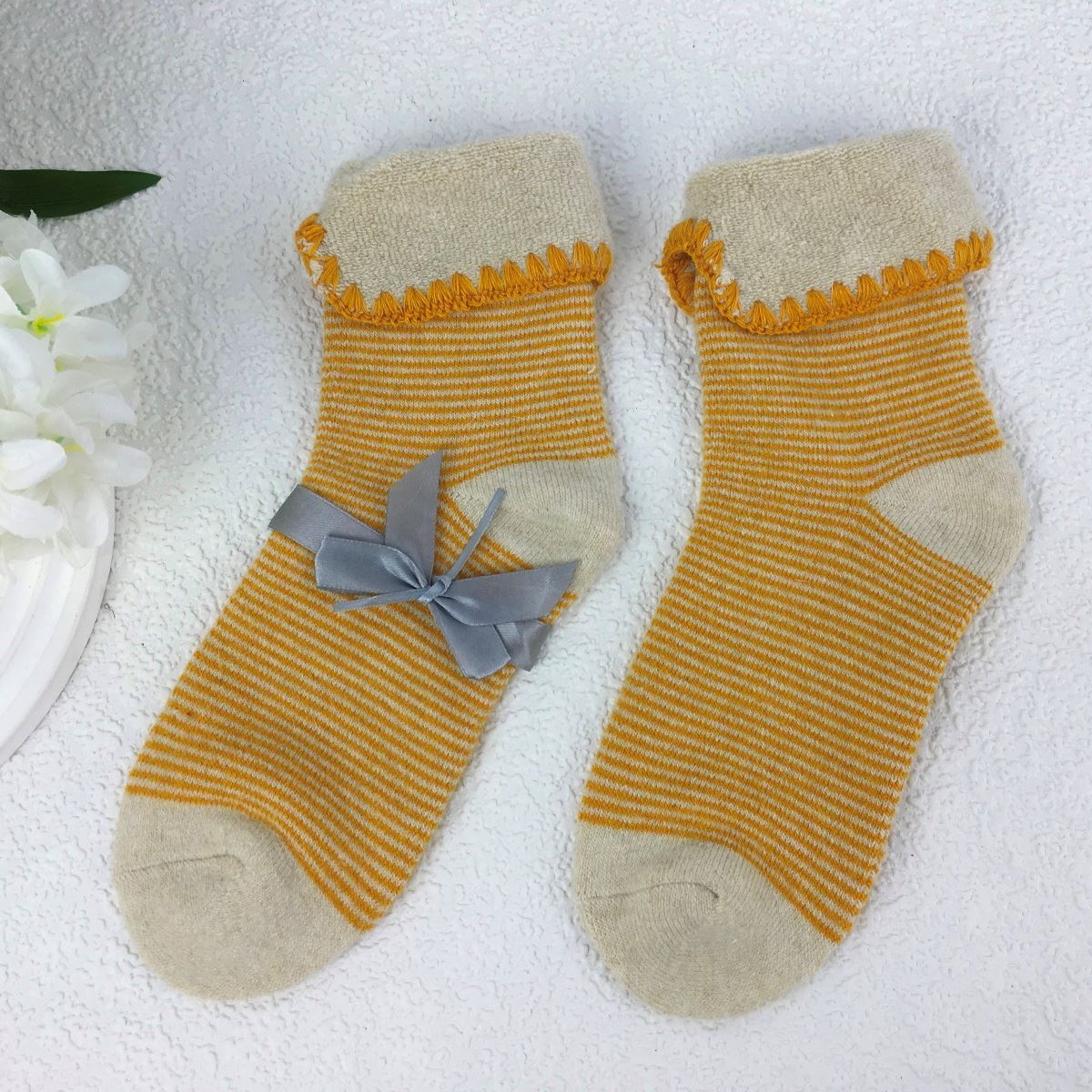 SOCKS - Wool Blend - Stripey - Cuff Trim - One Size - Various Colours