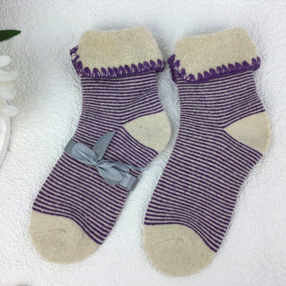 SOCKS - Wool Blend - Stripey - Cuff Trim - One Size - Various Colours