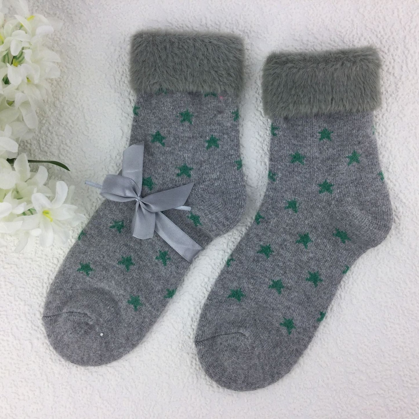 SOCKS - Wool Blend - Star Pattern - Faux Fur Trim - One Size - Various Colours