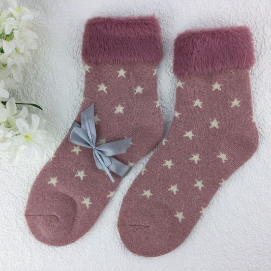SOCKS - Wool Blend - Star Pattern - Faux Fur Trim - One Size - Various Colours