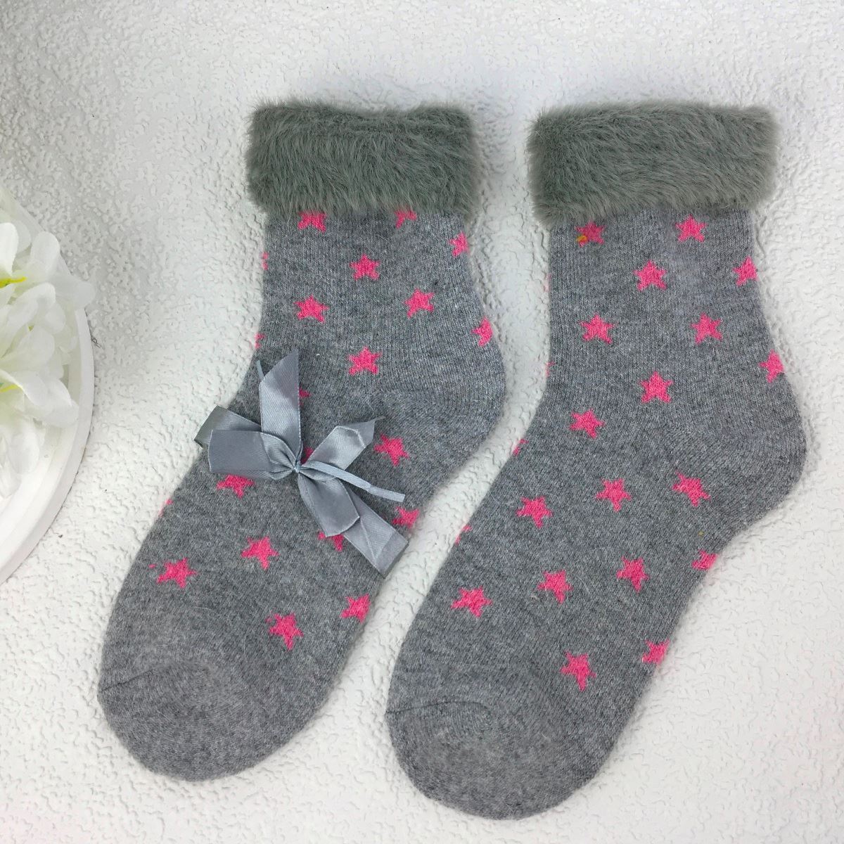 SOCKS - Wool Blend - Star Pattern - Faux Fur Trim - One Size - Various Colours
