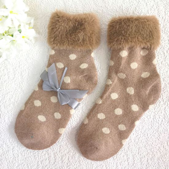 SOCKS - Wool Blend - Dot Pattern - Faux Fur Trim - One Size - Various Colours