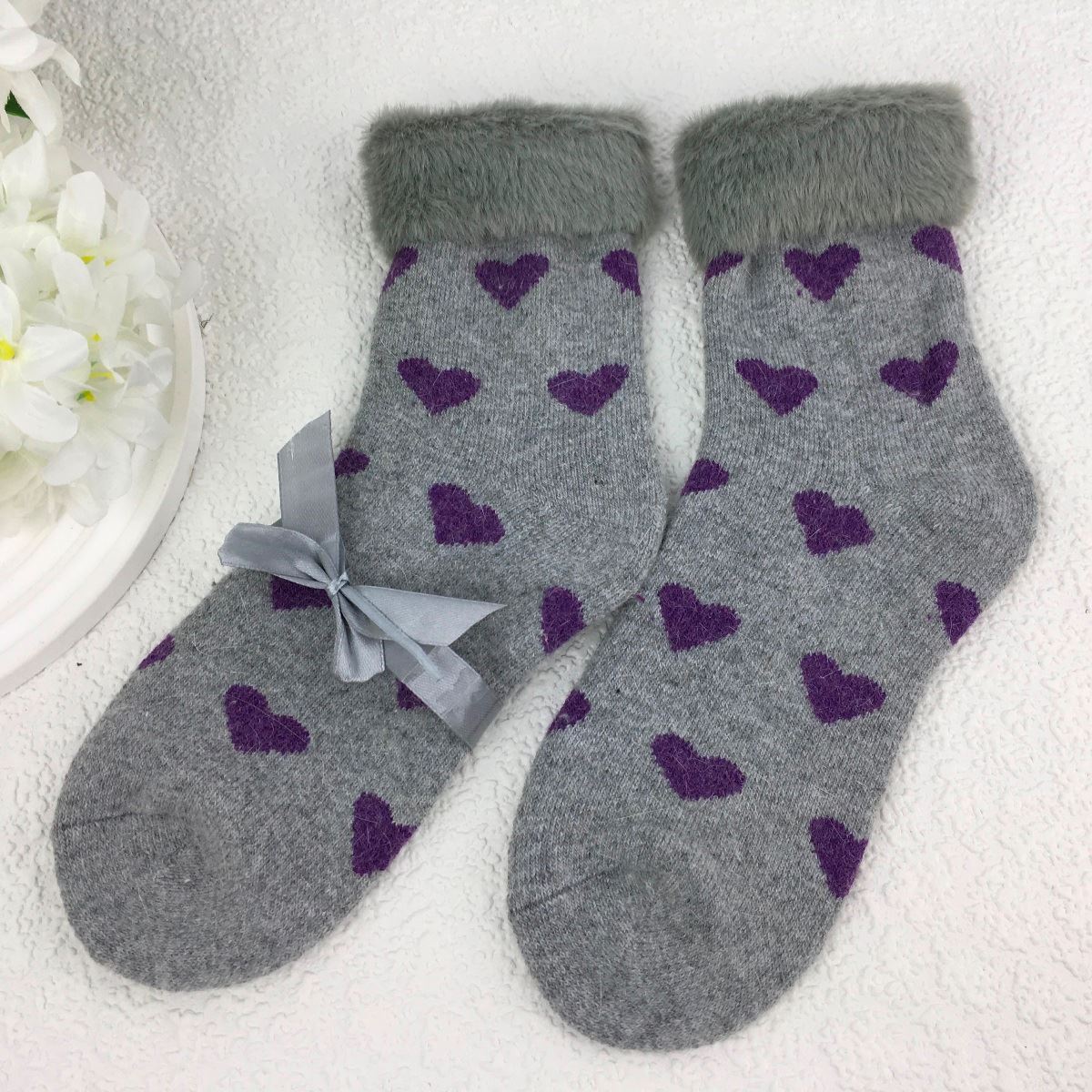 SOCKS - Wool Blend - Heart Pattern - Faux Fur Trim - One Size - Various Colours