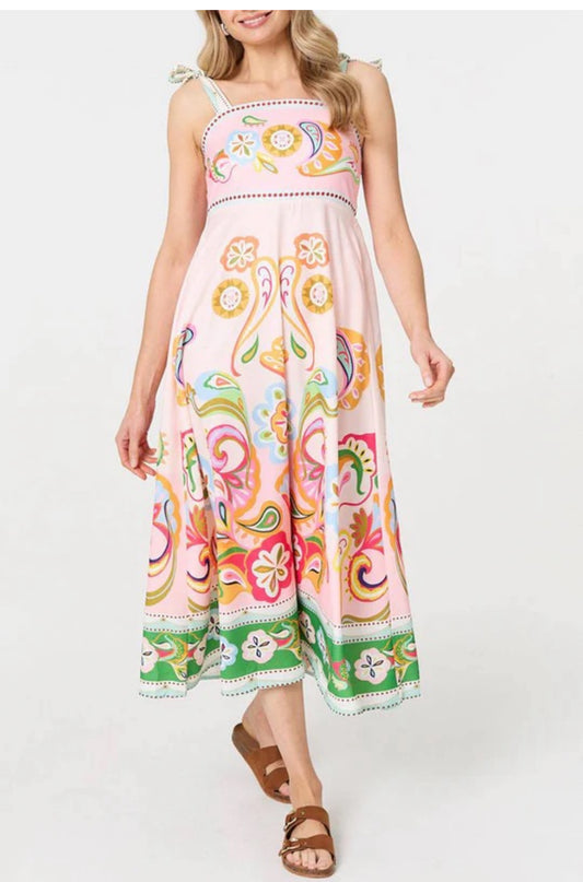 LIBERTY - Multi Coloured Empire Line Midi Dress with Pockets - Various Sizes