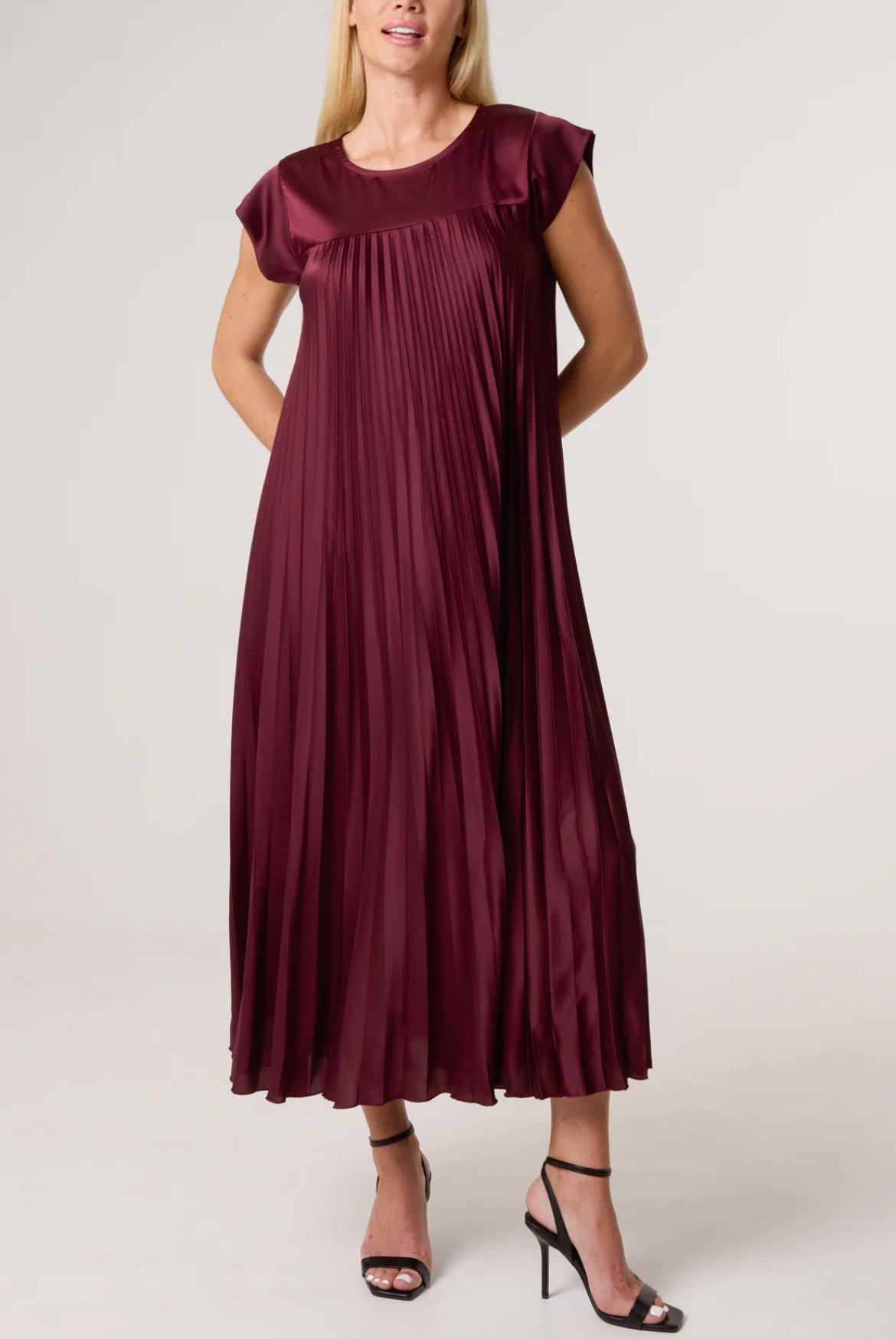 POLLY - Satin Pleated Midaxi Dress - One Size - Various Colours