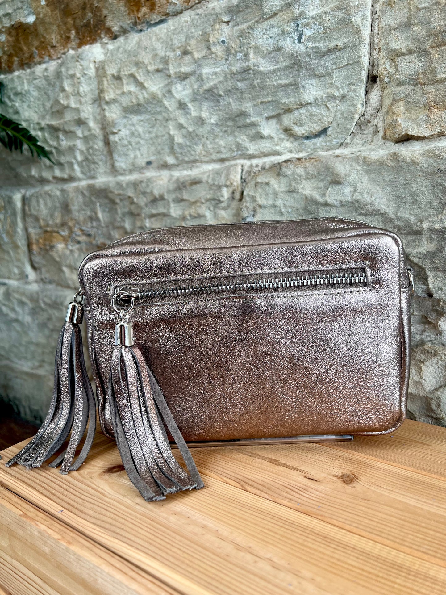 NIKKI - Metallic Leather Cross Body 'Camera' Bag with Tassels - Various Colours