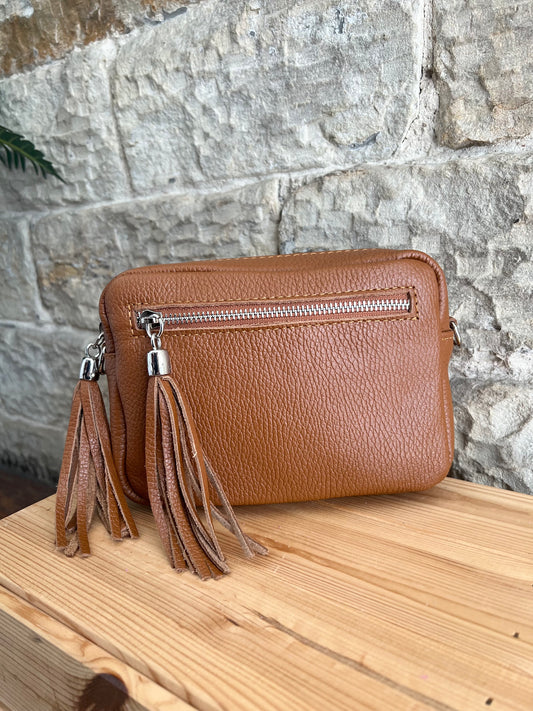 NIKKI - Classic Leather Cross Body 'Camera' Bag with Tassels - Various Colours