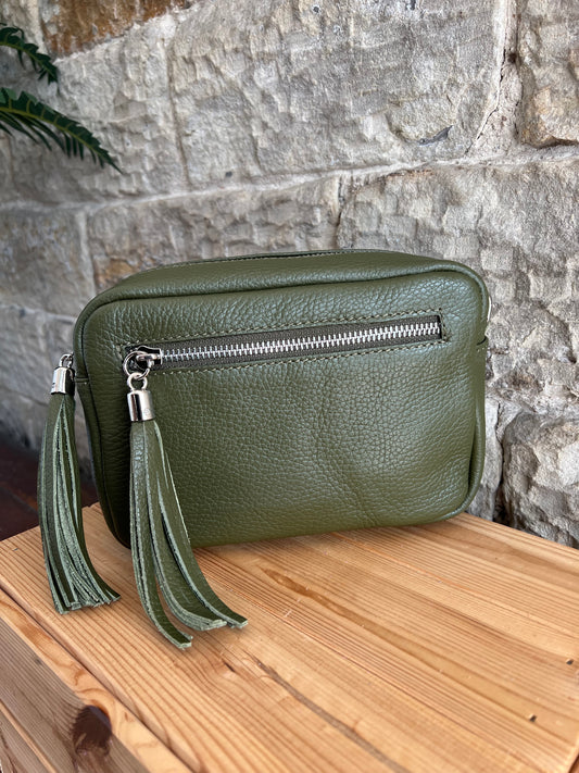 NIKKI - Leather Cross Body 'Camera' Bag with Tassels - Green