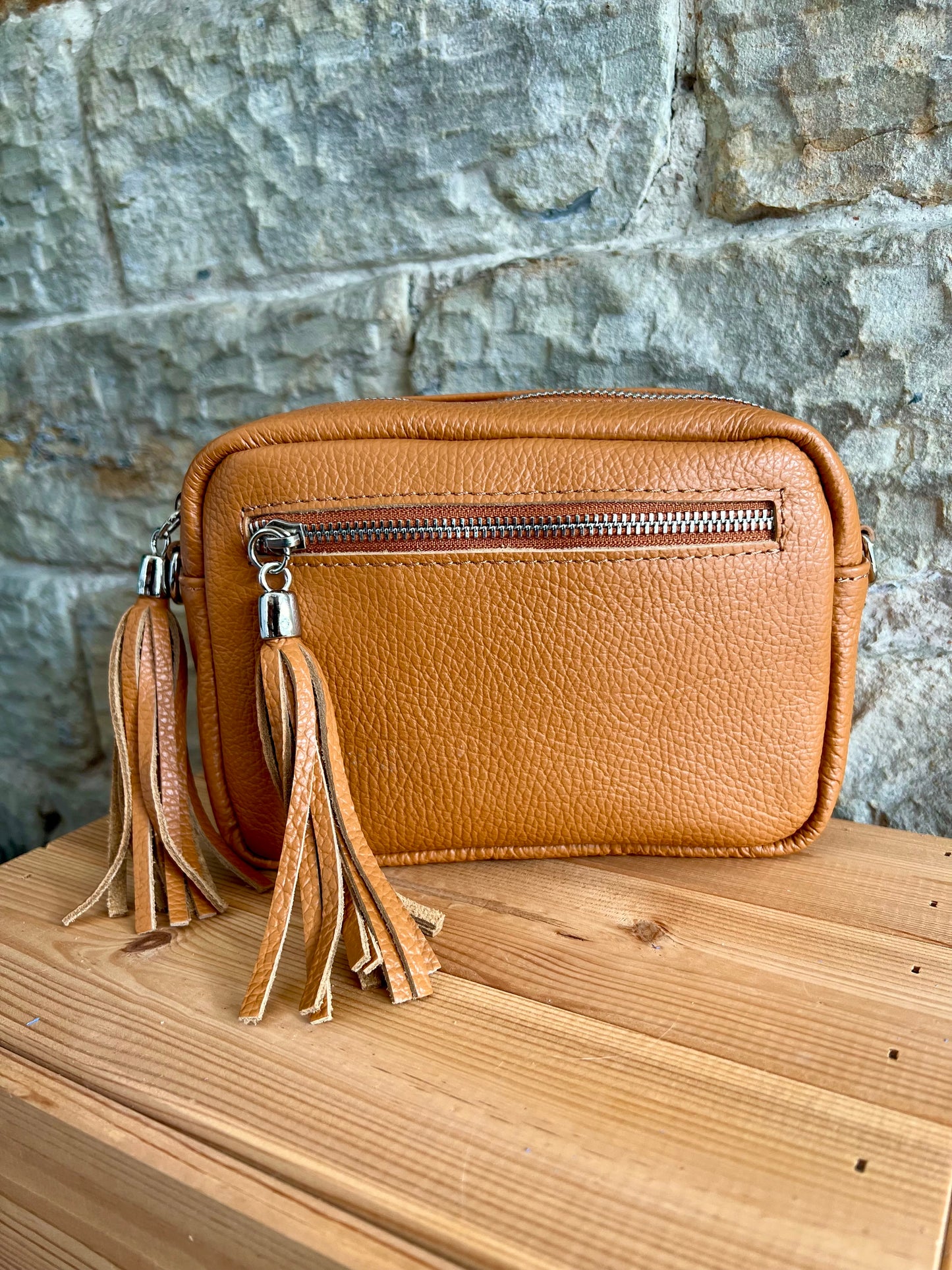 NIKKI - Classic Leather Cross Body 'Camera' Bag with Tassels - Various Colours