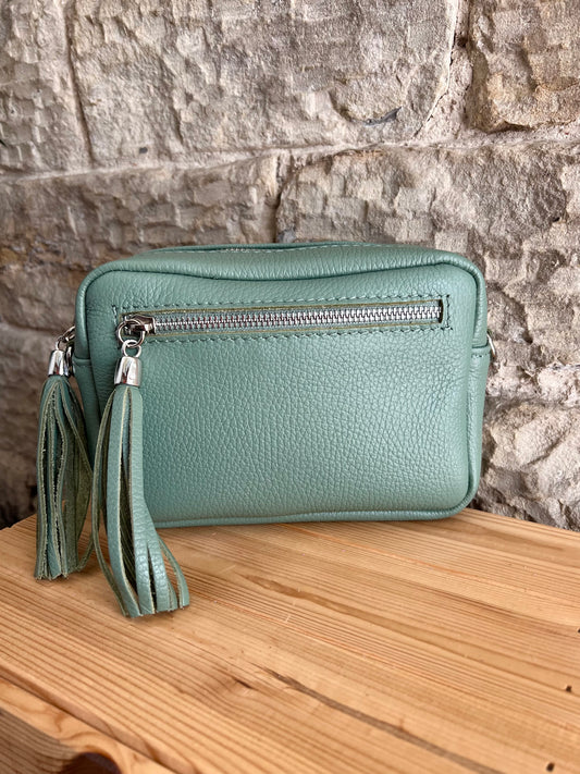 NIKKI - Leather Cross Body 'Camera' Bag with Tassels - Sage Green