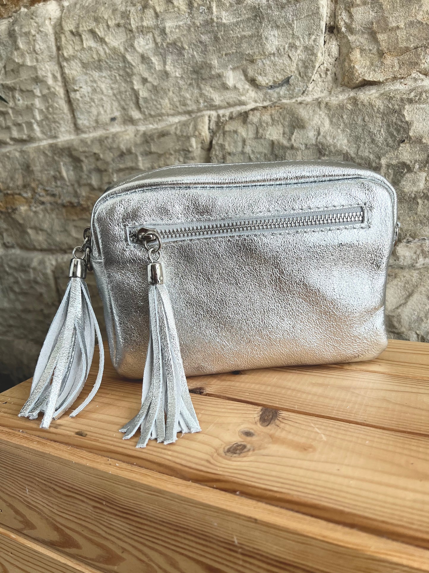 NIKKI - Metallic Leather Cross Body 'Camera' Bag with Tassels - Various Colours