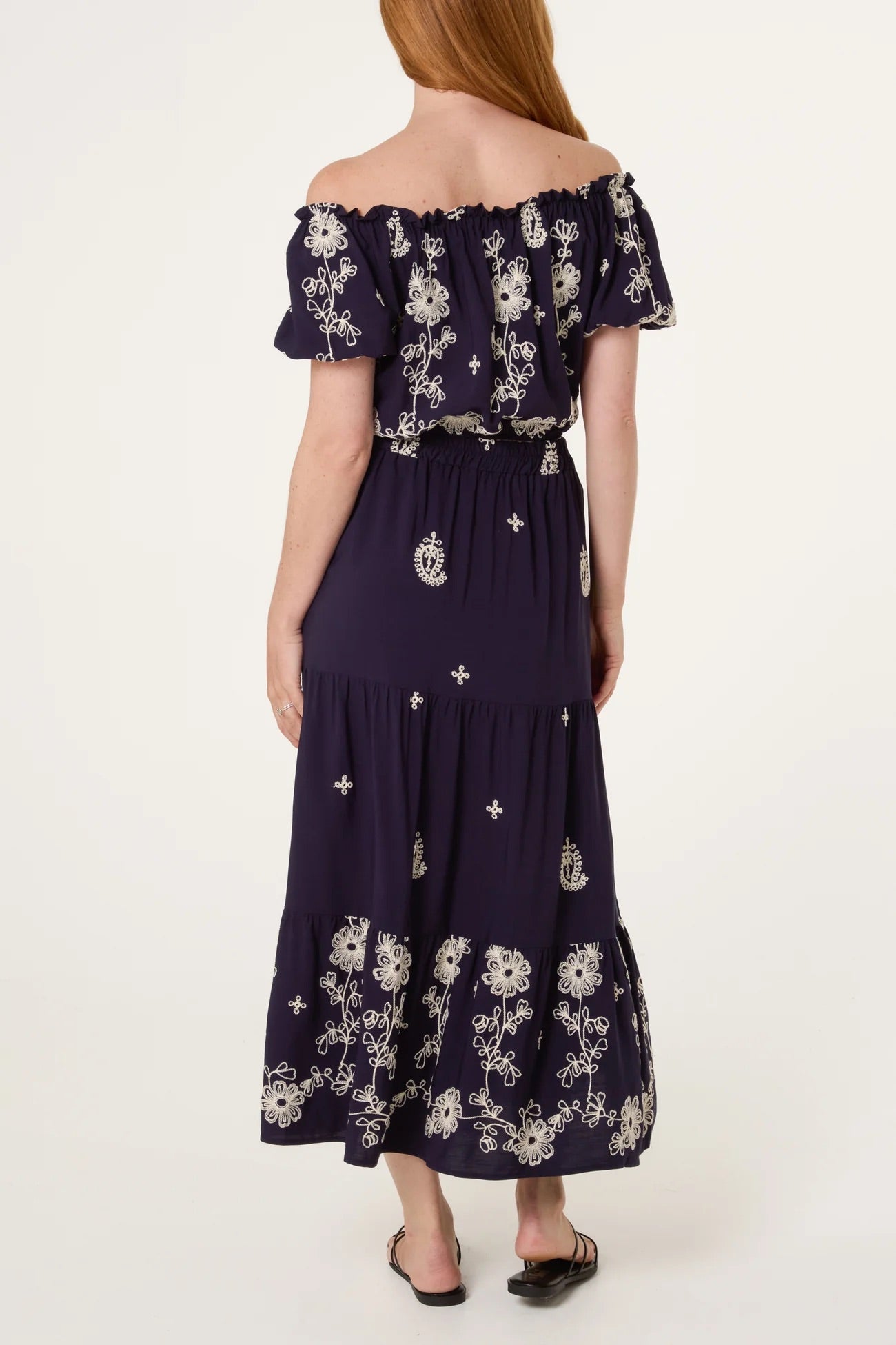 SABRINA - Navy Embroidered Co-ord - Bardot Top & Skirt - 3 Sizes