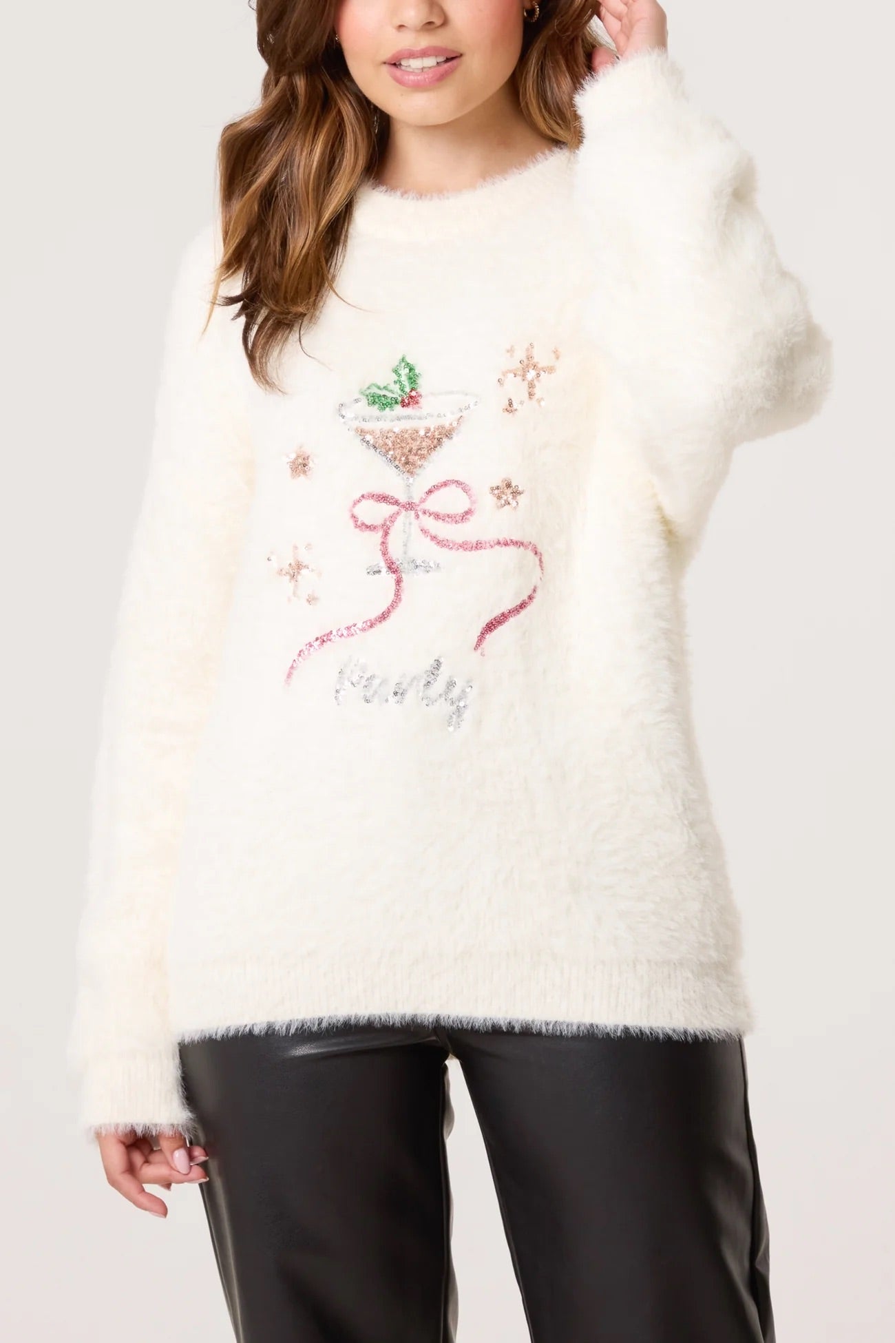 TRIXIE - Ivory Fluffy Sequin Christmas Sweater - One Size