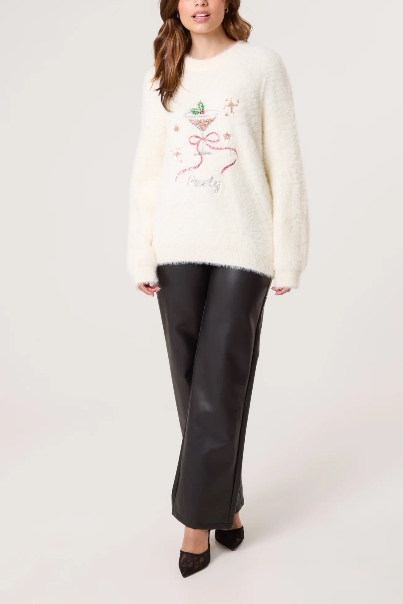 TRIXIE - Ivory Fluffy Sequin Christmas Sweater - One Size