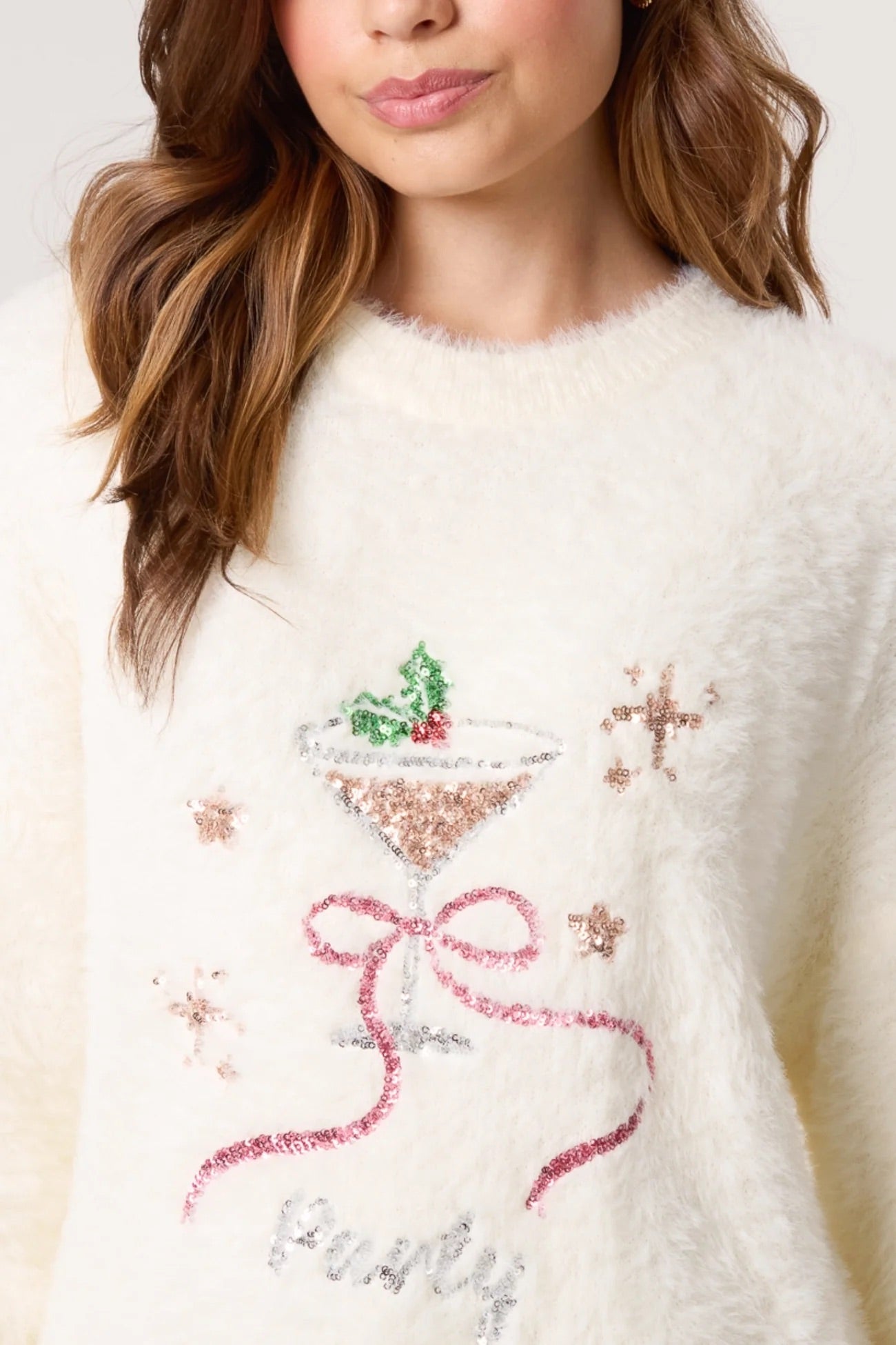 TRIXIE - Ivory Fluffy Sequin Christmas Sweater - One Size