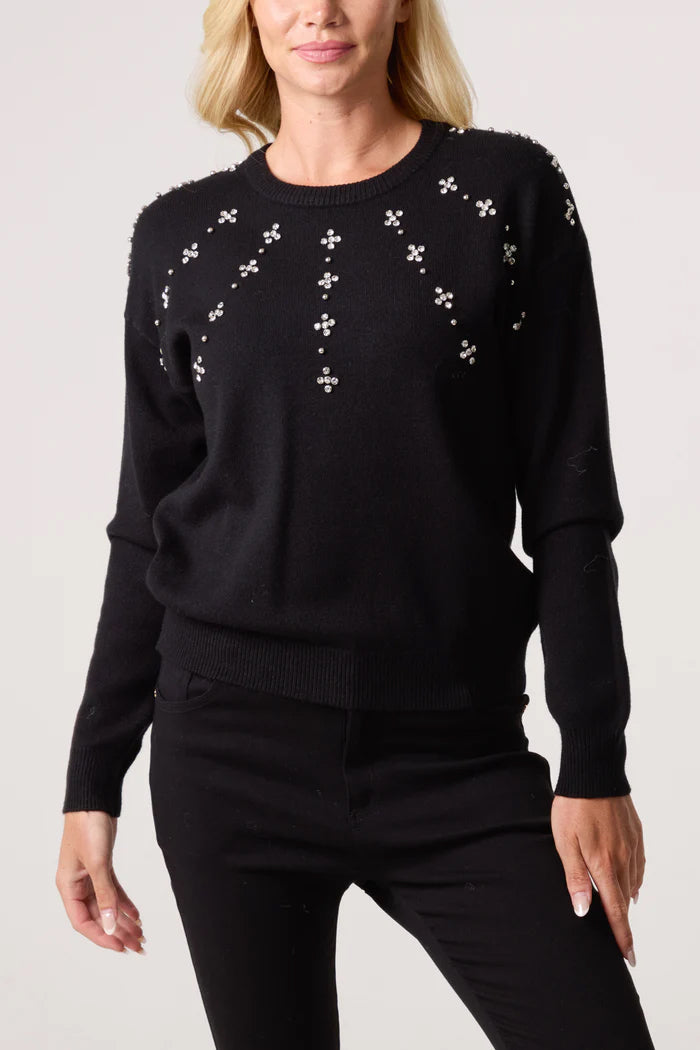 UMA - Black & Diamante Embellised Sweater - 3 Sizes