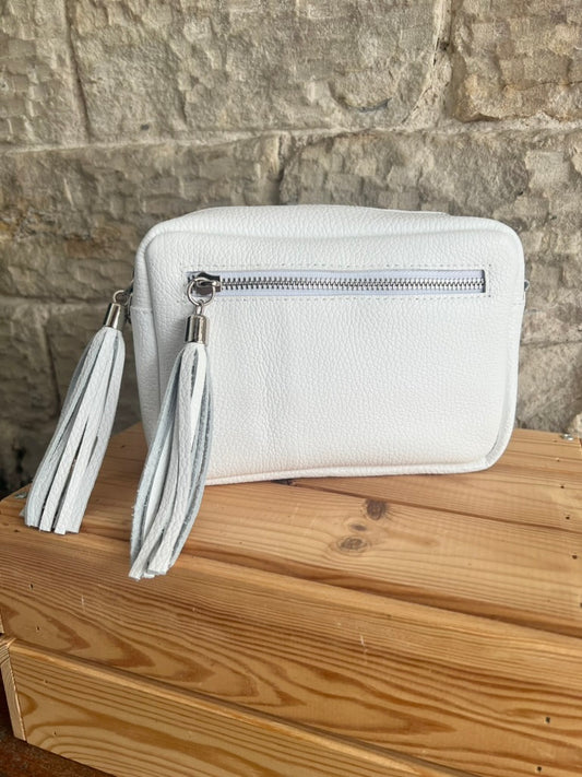 NIKKI - Leather Cross Body 'Camera' Bag with Tassels - White