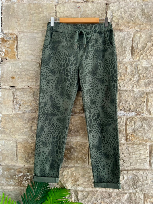SANTIAGO - SMOOTH Magic Trousers - Animal Print - 2 Sizes - Khaki Green