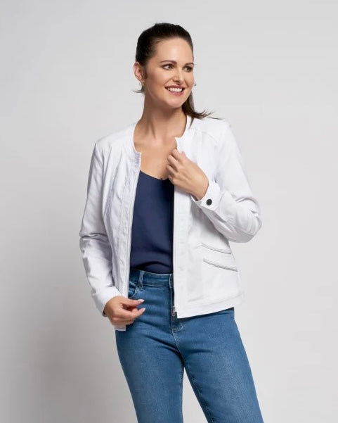 PINNS - Soft Stretch Round Neck Zipper Jacket - White