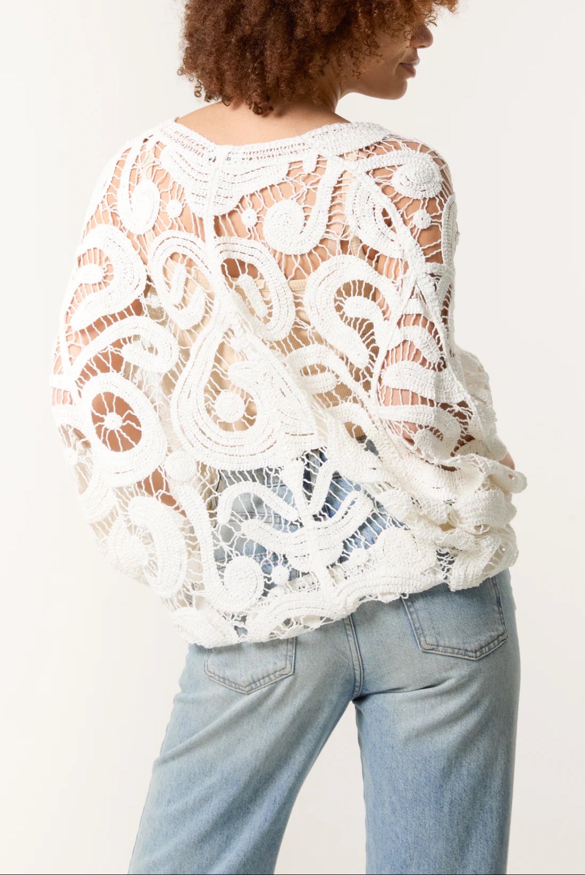 CHELSEA -Paisley Pattern Open Knit Crochet Top - Ivory - One Size