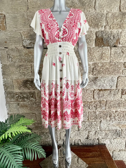VESTA - V-Neck Midi Dress - Angel Sleeves - Various Prints & Colours - One Size Fits 8-20