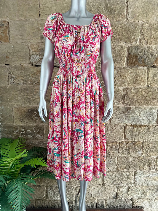 VERONA - Bardot Style Midi Dress - Pink Abstract Butterfly Print - One Size Fits 8-20