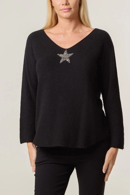 ASTRA - V-Neck Jumper with Glitter Star Motif - One Size - Various Colours