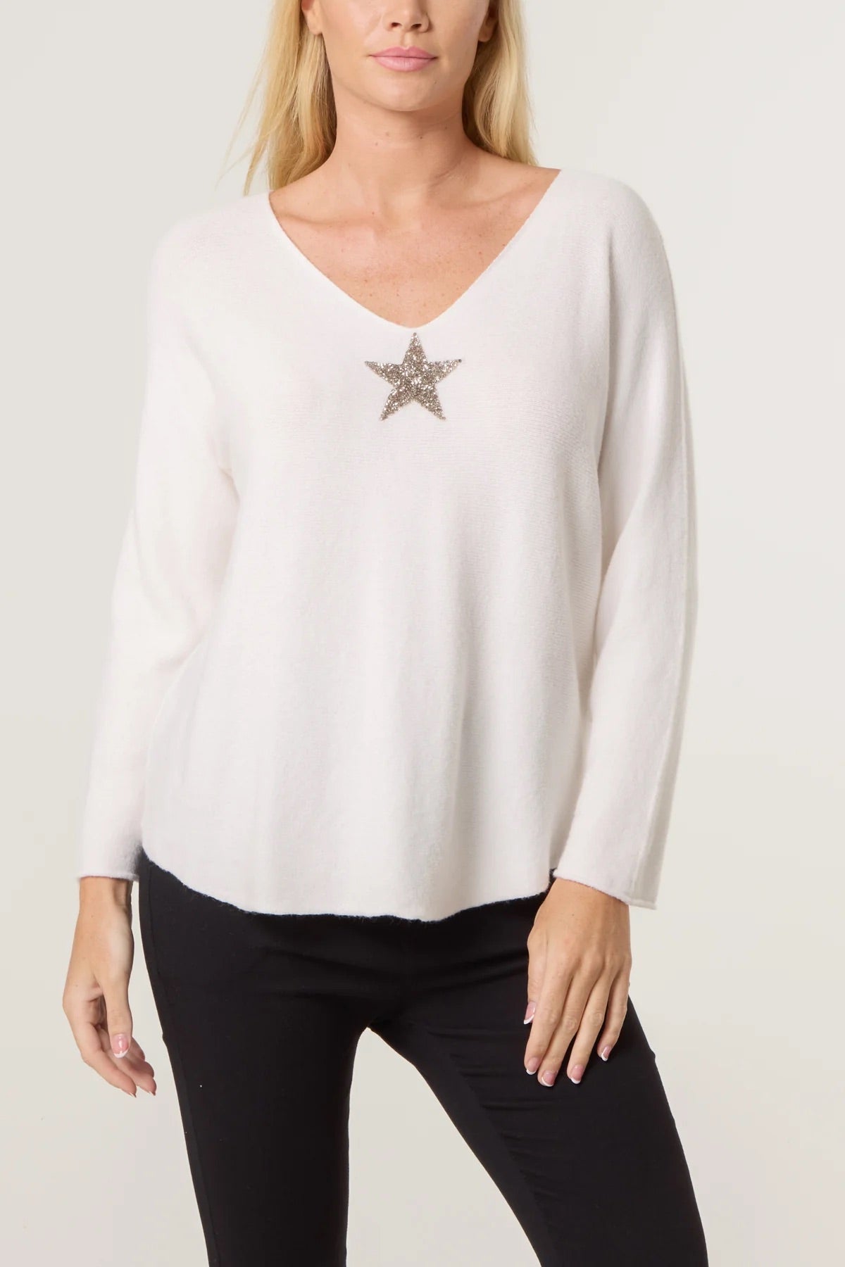 ASTRA - V-Neck Jumper with Glitter Star Motif - One Size - Various Colours